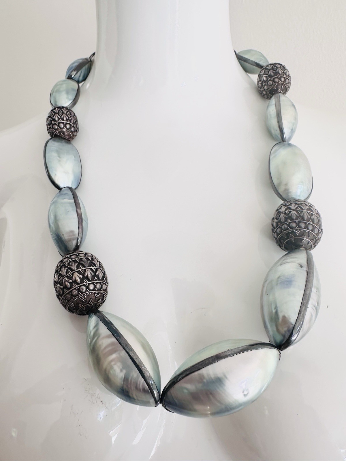 Rare Nautilus Osmena Pearl Antique 925 Silver Necklace 70cm Blue-Gray Iridescent