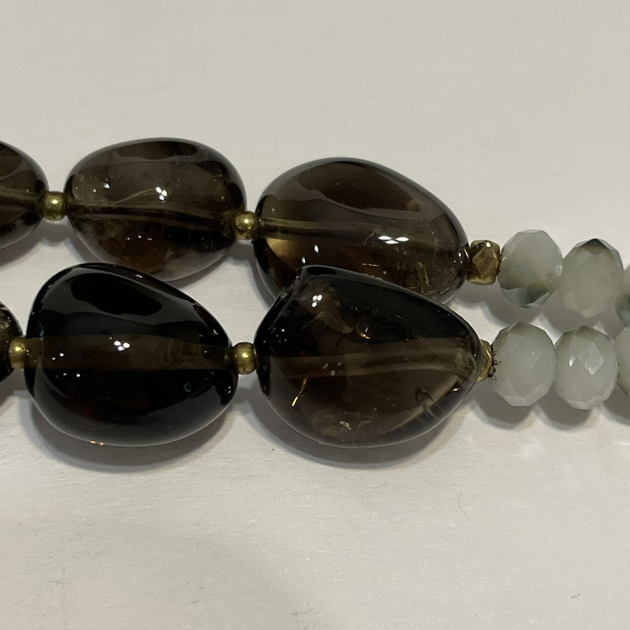 31-36” long tassel Beaded Necklace natural stones smoky rose quartz Tigers eye