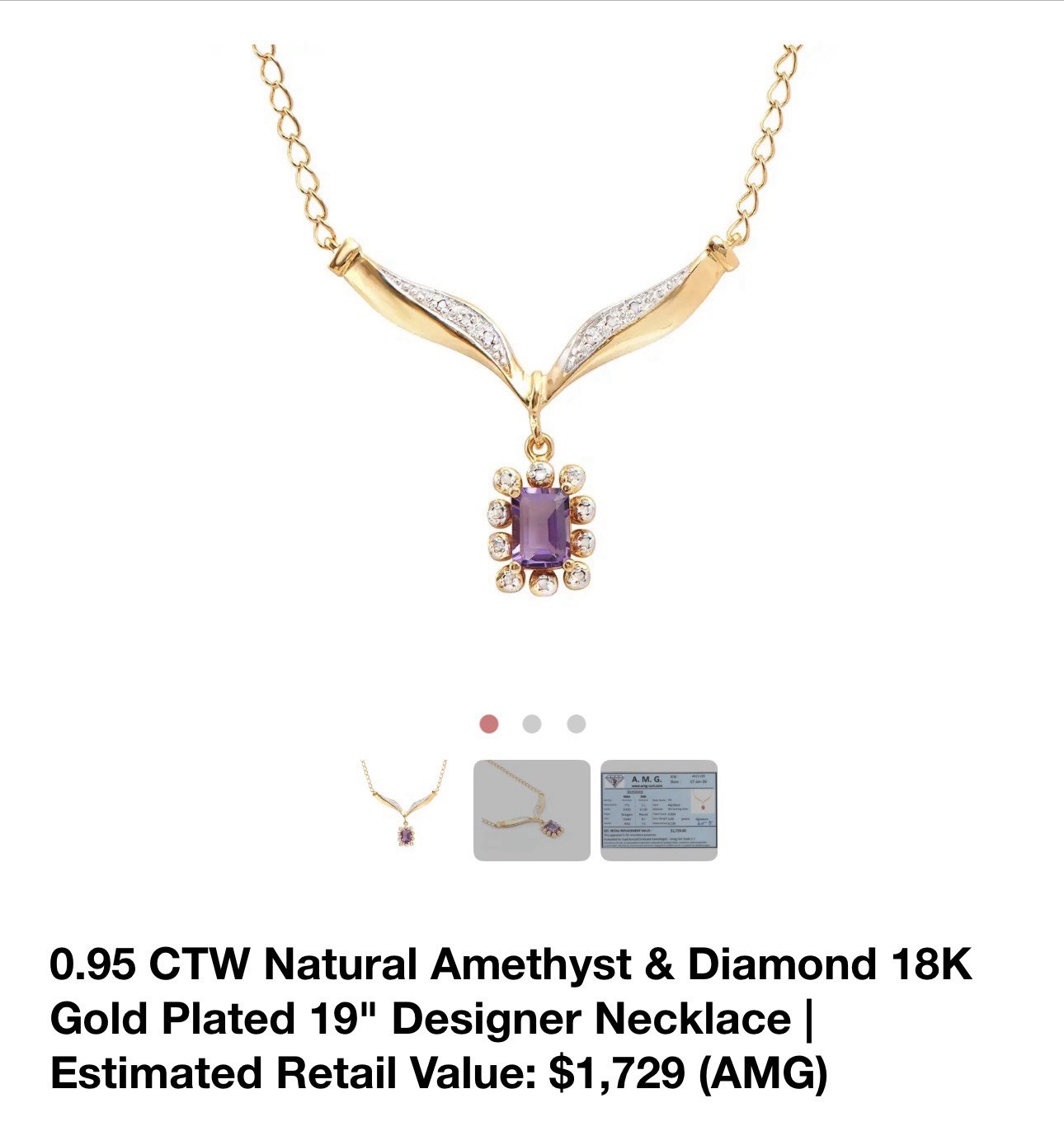 0.95 ctw Natural Violet Amethyst & 11 Diamond 925 SS Gold Necklace 19″ A.M.G.