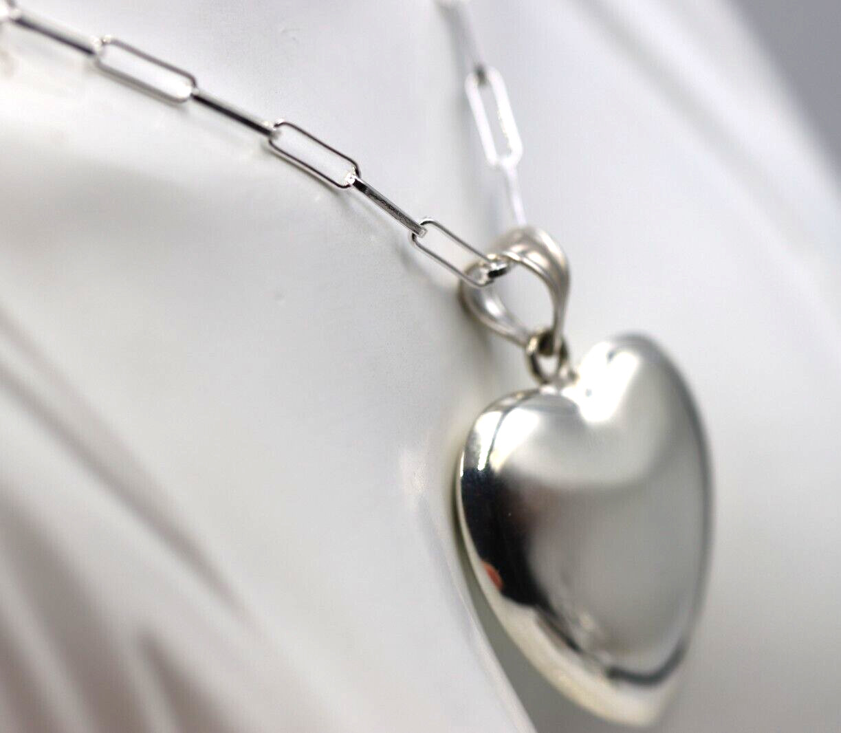 Sterling Silver 925 Paperclip 70cm Necklace + Lg Puffy Heart Pendant -Free Post