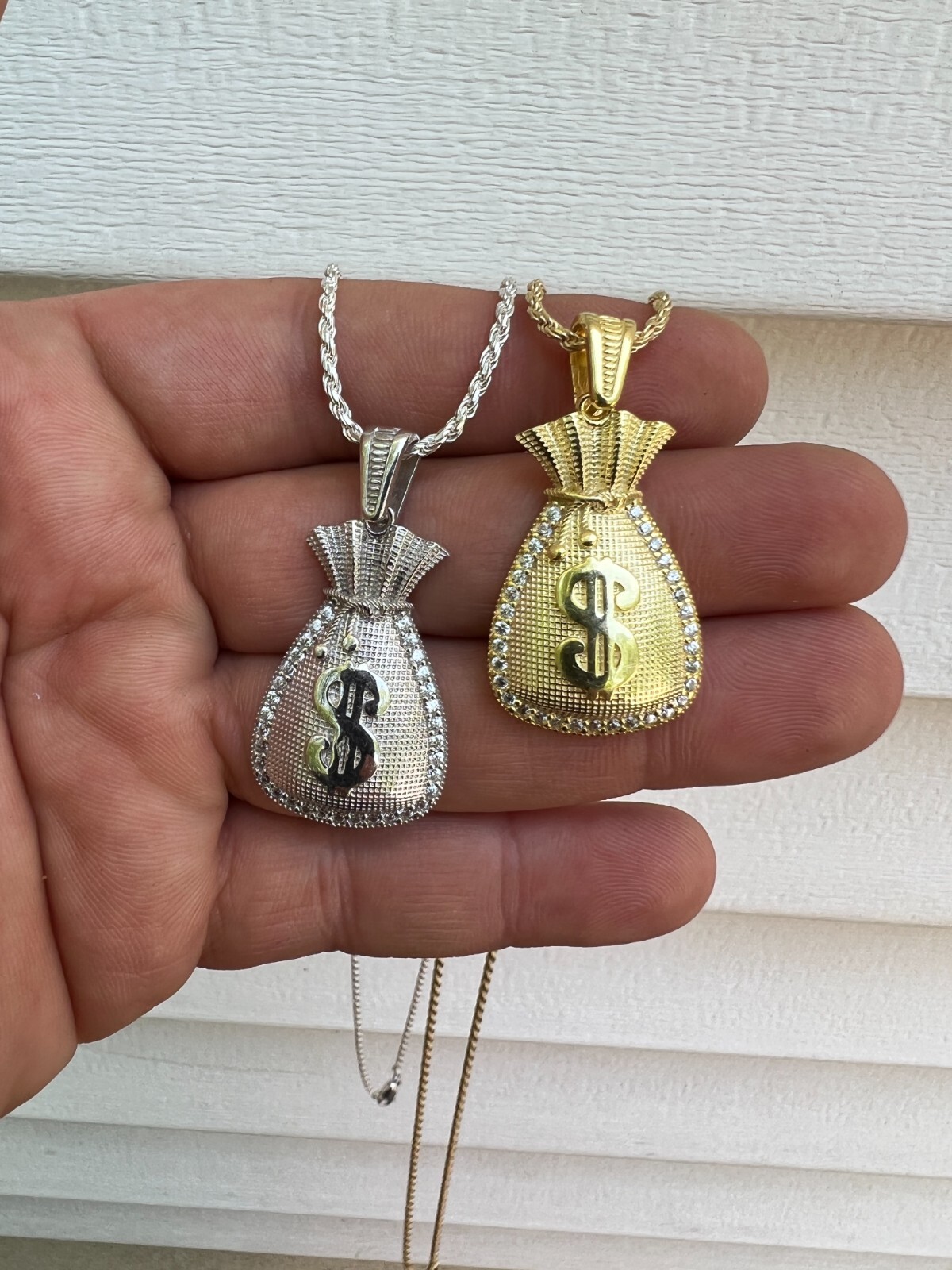 Real 925 Silver / 14k Gold Plated Money Bag Dollar Sign Pendant Necklace Iced CZ