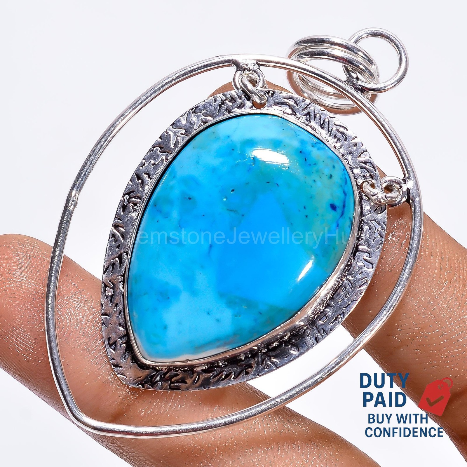 Pear Natural Magnesite Turquoise 925 Sterling Silver Birthday Art Deco Pendant