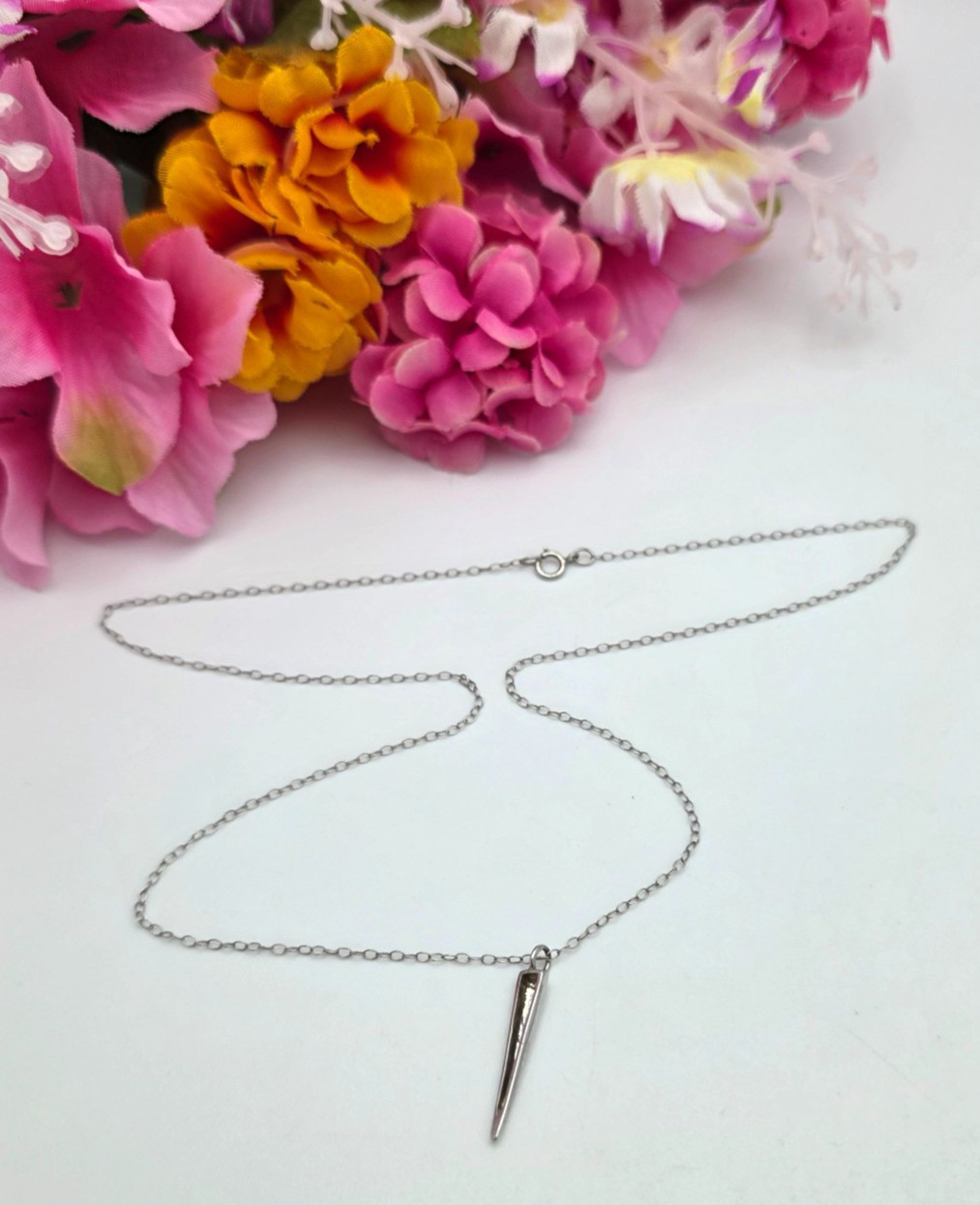 Sterling Silver Spike Pendant Necklace 925 Minimalist Dagger Tusk Fang 18 Inch