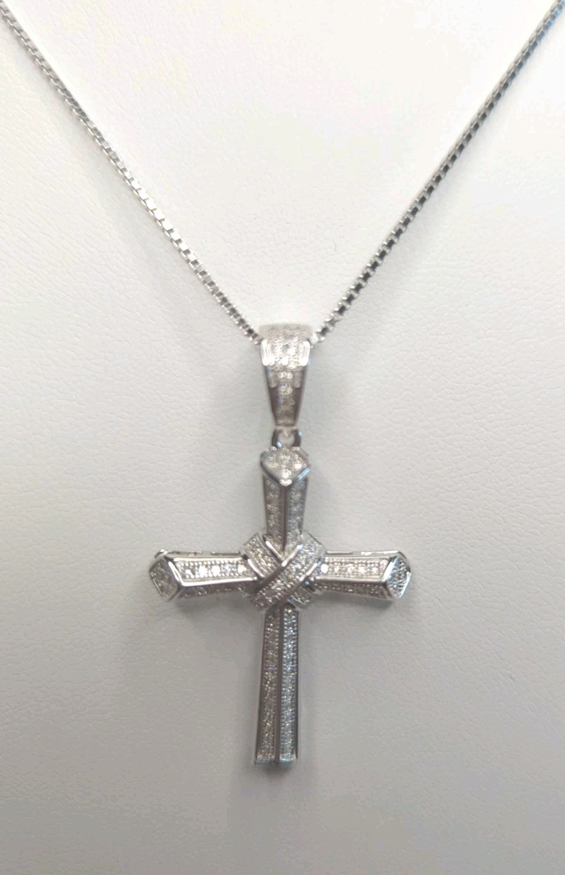 1.50 CTW Moissanite, 925 Silver Cross With 16 Inch Box Chain