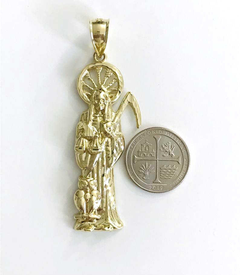 10K Solid Gold Grim Reaper Pendant, 3.34″ 10K Gold Santa Muerte Pendant – G120