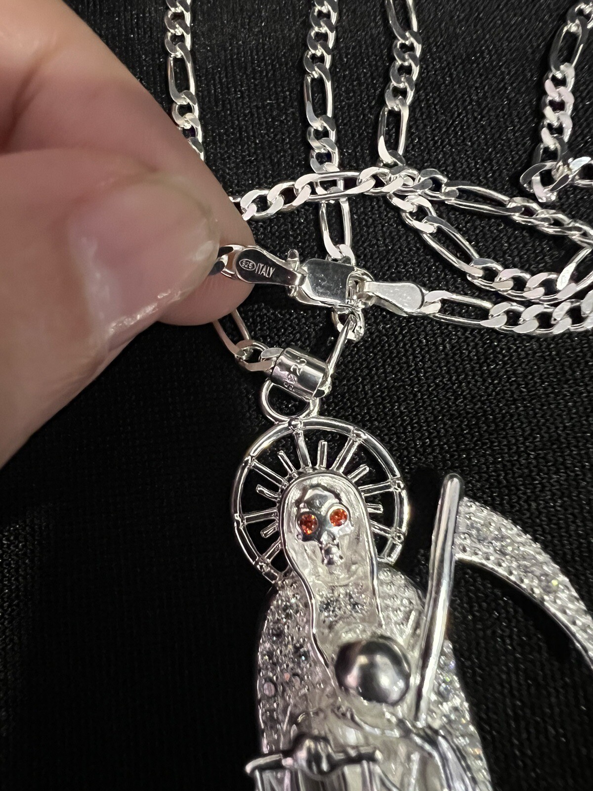 925 Sterling Silver Men CZ Santa Muerte Grim Reaper & Figaro Chain 20 24 30