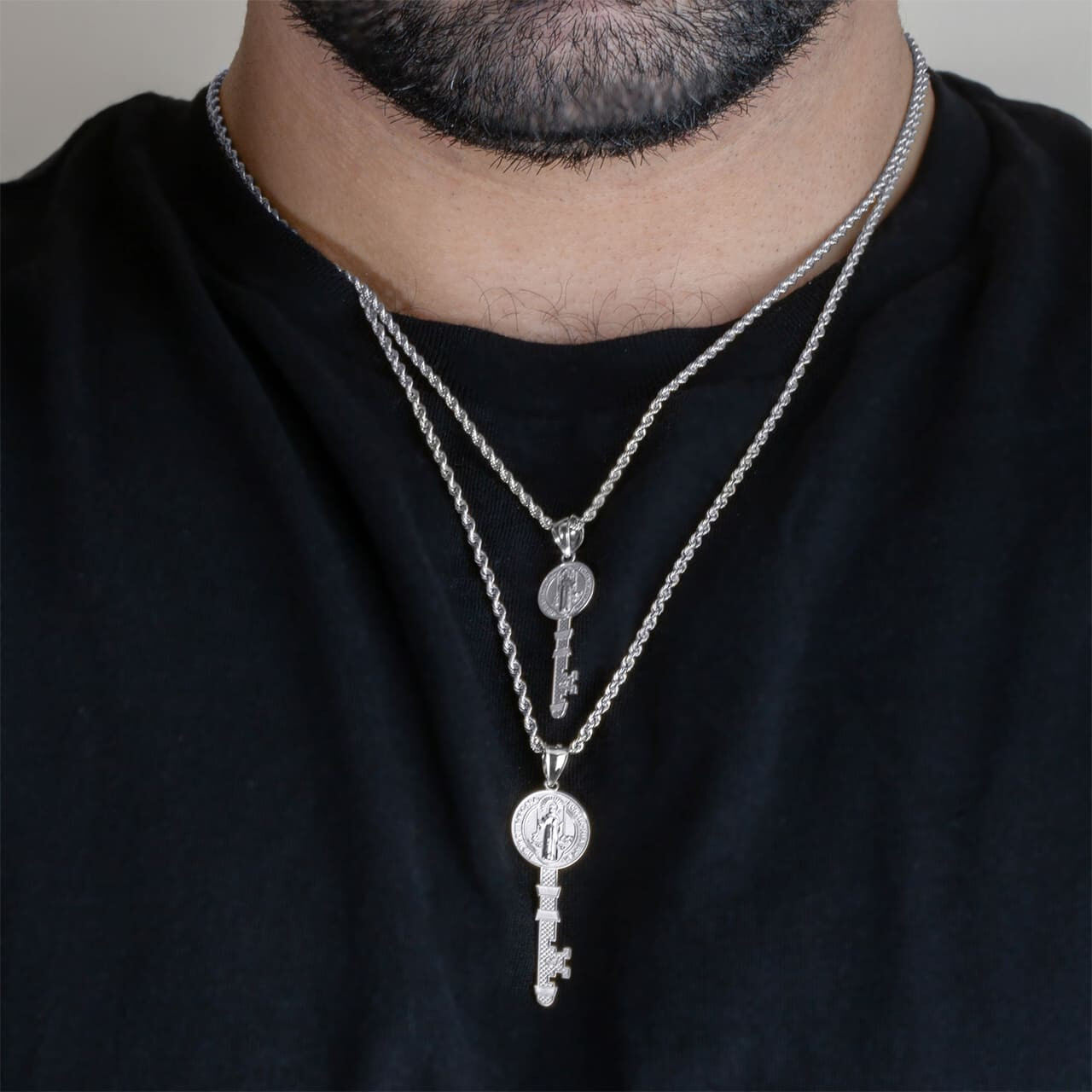 .925 Sterling Silver Saint Benedict Medal Key Reversible Pendant Necklace S/L