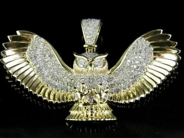 3Ct Round Cut Lab Created Diamond Owl Unisex Pendant 14K Yellow Gold Plated 18″