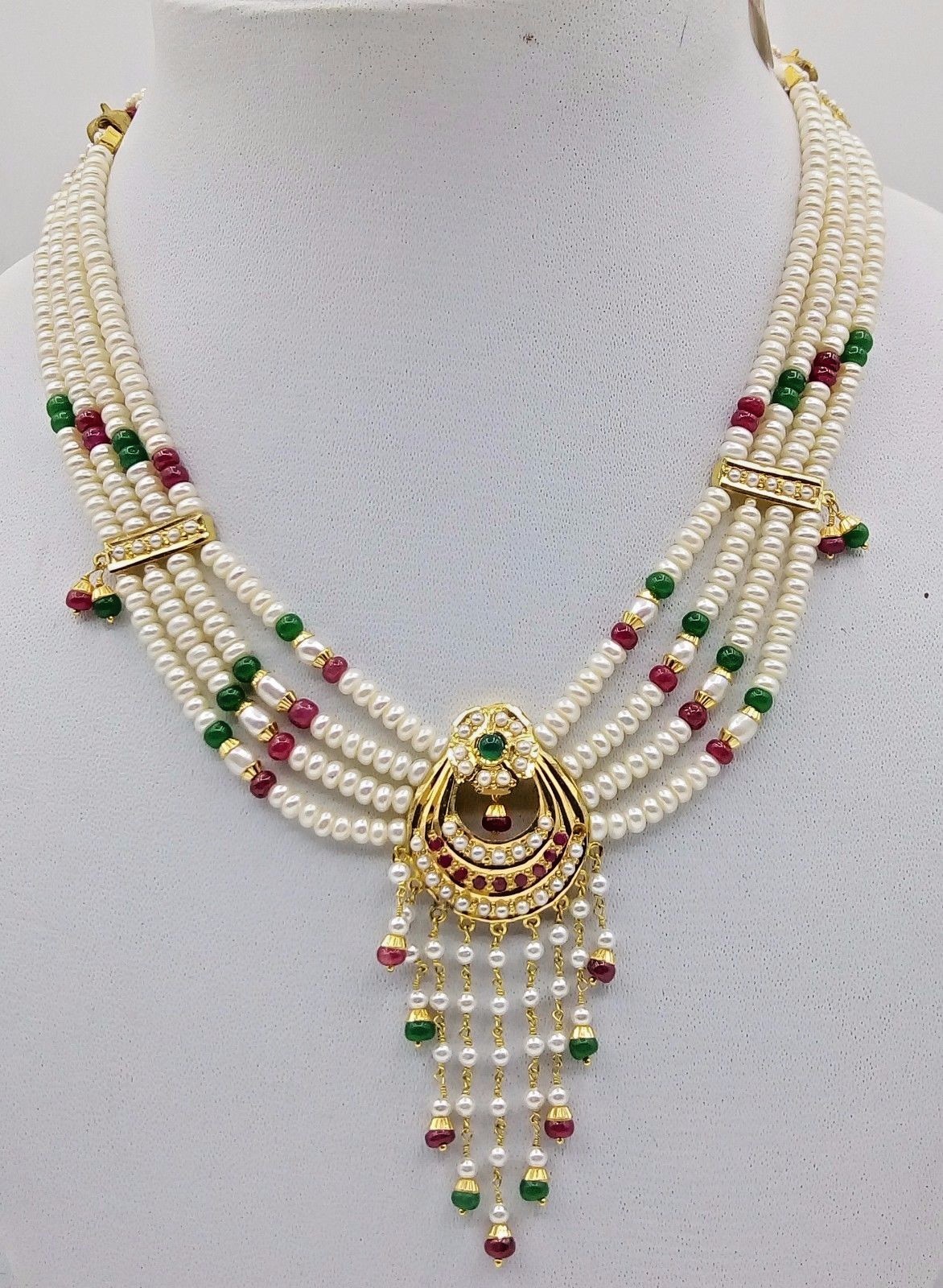 INDIAN BRIDAL GOLD PENDANT SET WITH EARRING SET RUBY EMERALD BEADED NECKLACE SET