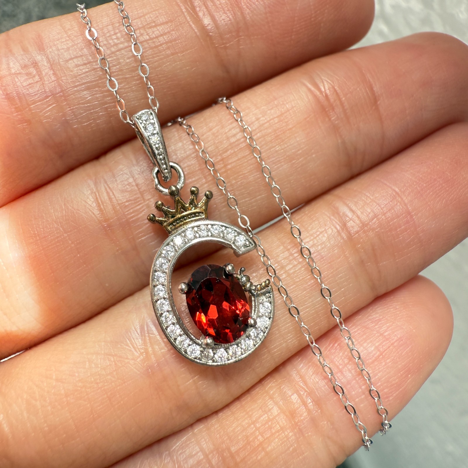 925 Sterling Silver Necklace 7x5mm Natural Garnet Zircon Crown Handmade Chain