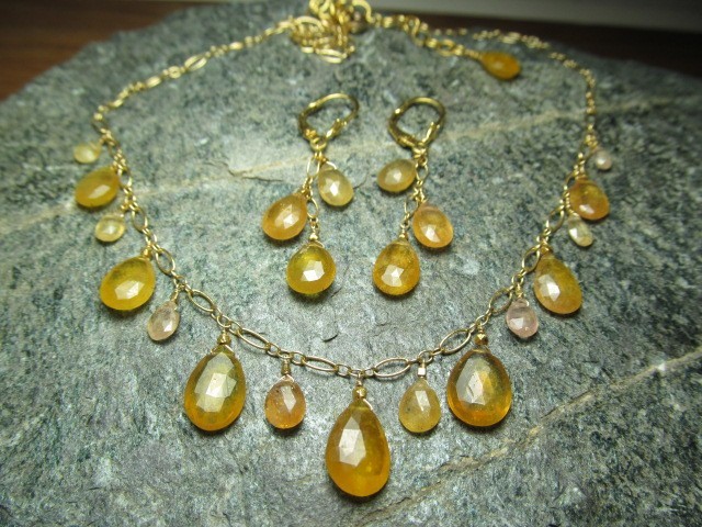 Sri Lanka Golden SAPPHIRE faceted briolette beads 14k Gold Filled Necklace set