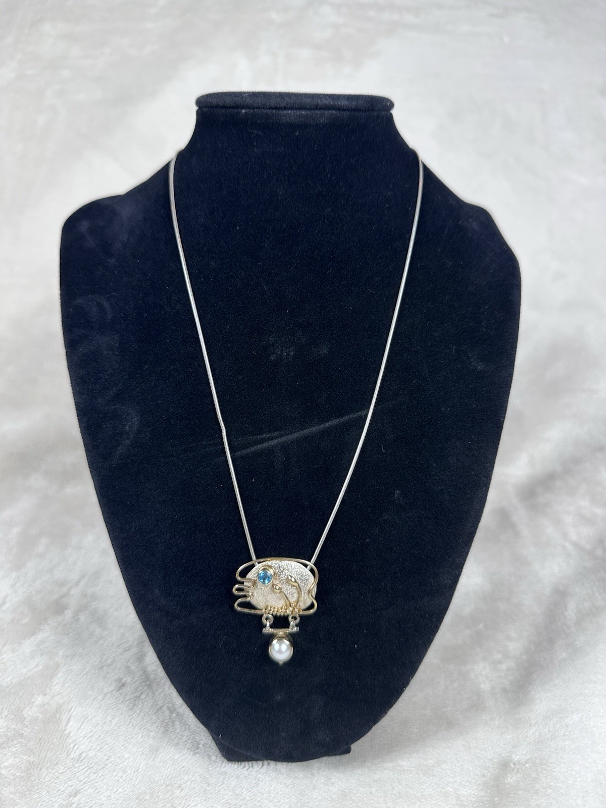 925 Sterling Silver Artisan Pearl Blue Stone Modern Pendant Necklace
