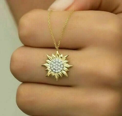 1Ct Round Cut Real Moissanite Womens Sun Pendant 14k Yellow Gold Plated