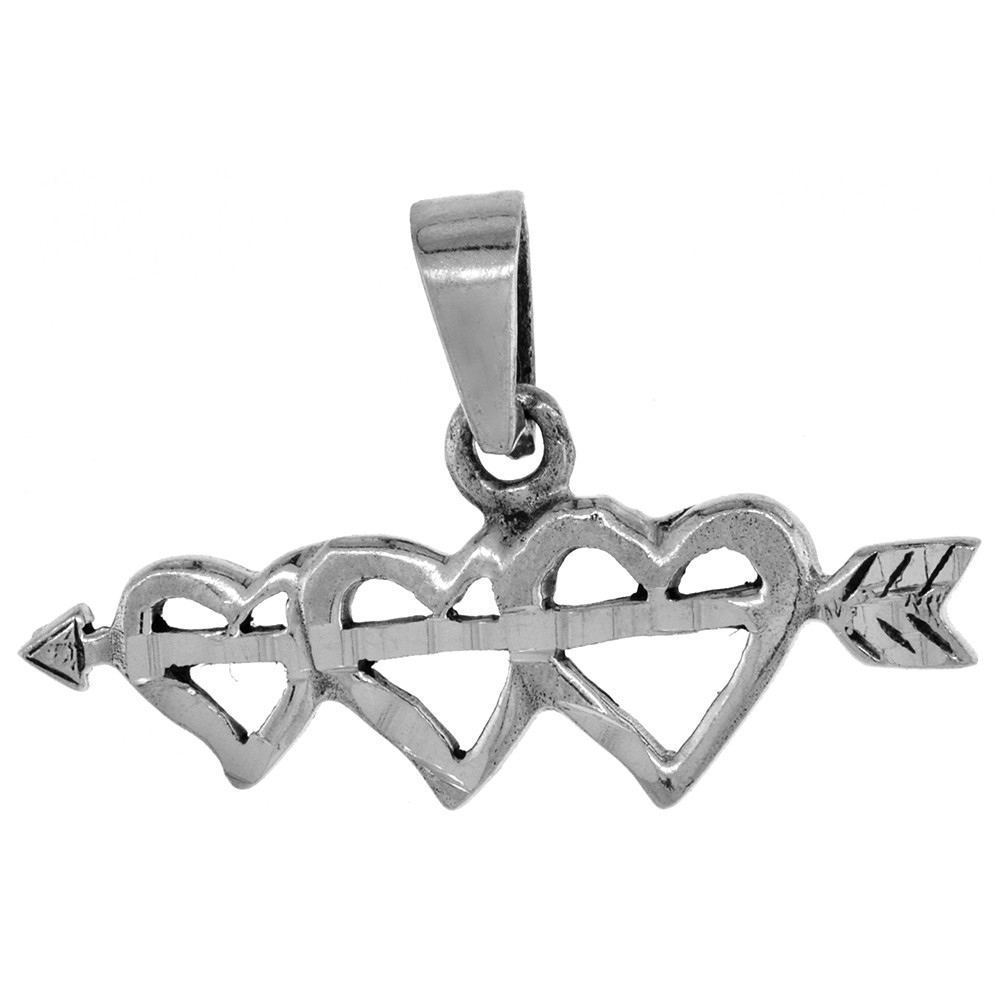 925 Sterling Silver Arrow and Triple Heart Cutout Pendant 1/2 Inch (13mm) Tall