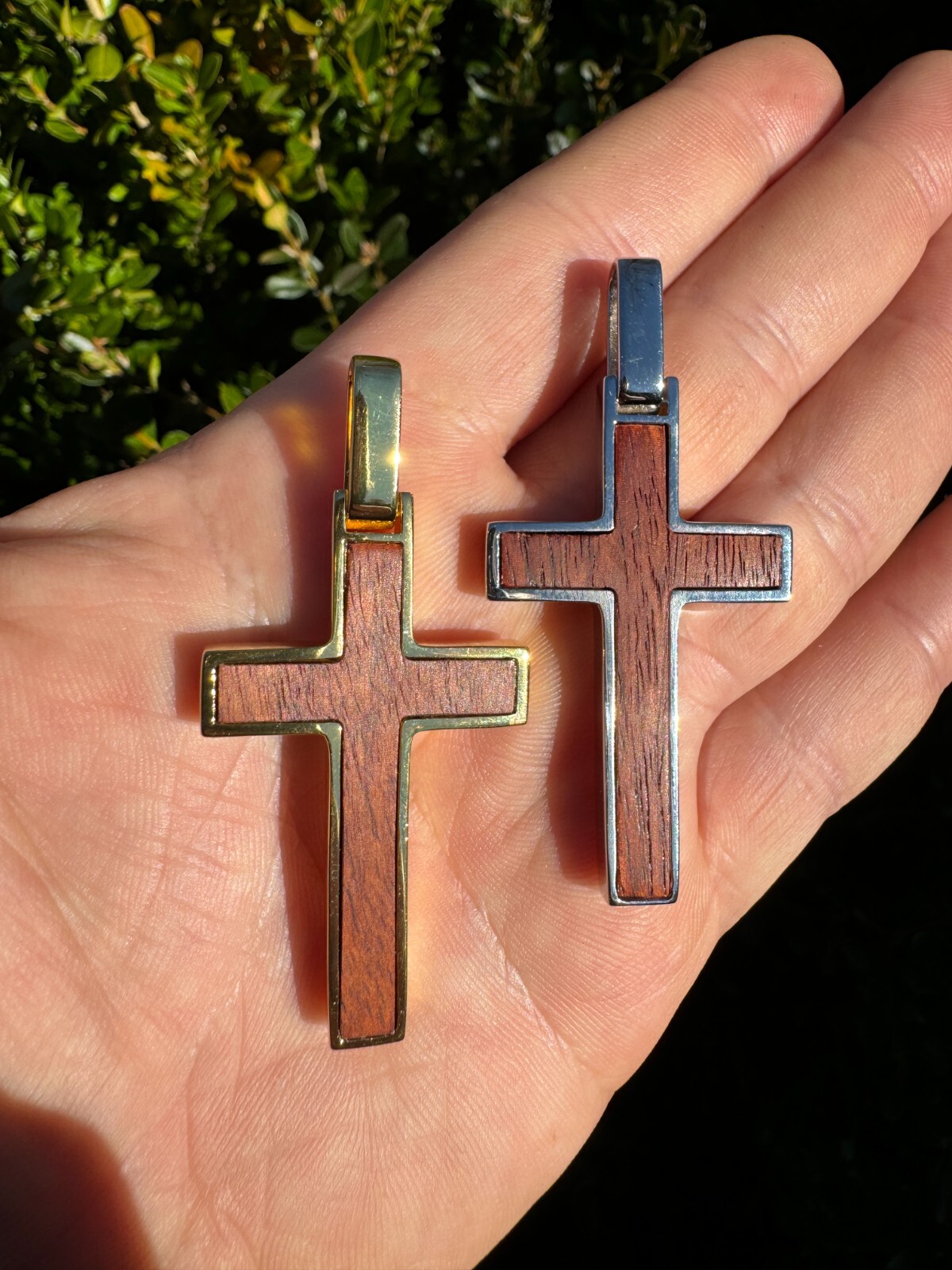 Large Mens Real 925 Silver & Wood Inlay Plain Religious Cross Pendant Necklace
