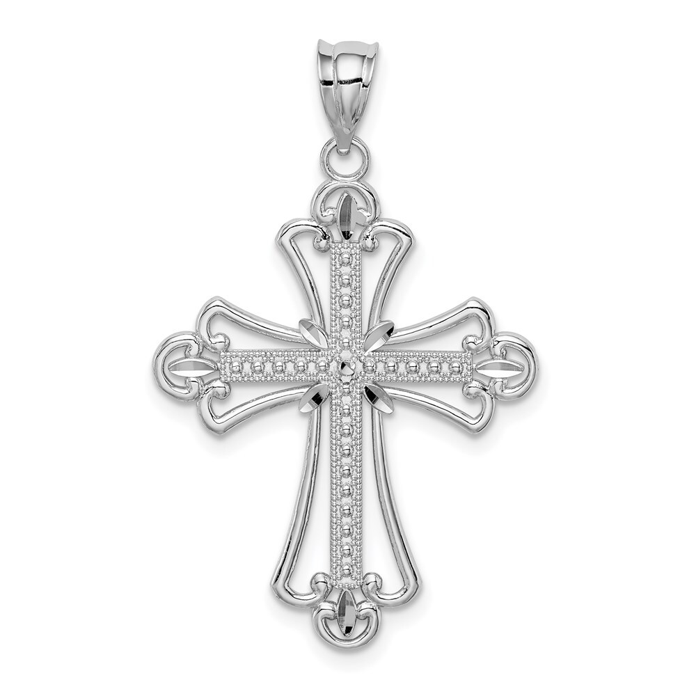 14K White Gold Polished Diamond-cut Textured Cross Pendant 1.53g, L-35.45mm