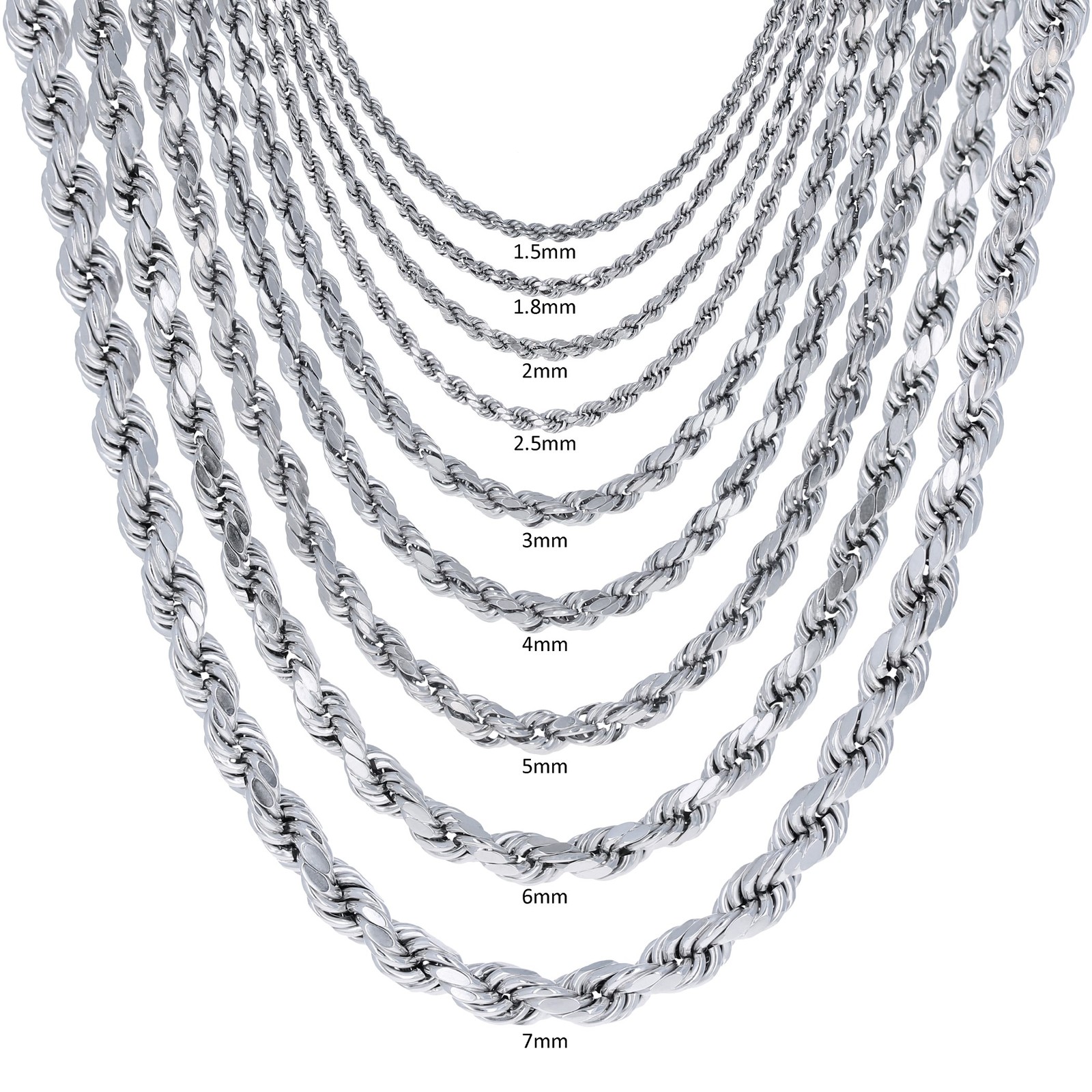 10K White Gold 1.5mm-6mm Diamond Cut Solid Rope Chain Pendant Necklace 16″- 30″