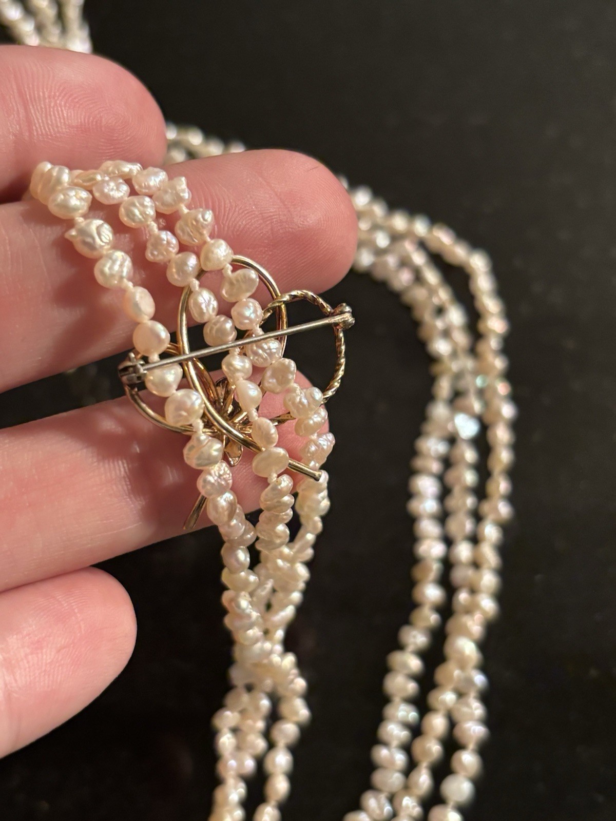 Estate Multi-strand Freshwater Rice Pearl Long Necklace w/Gold Filled Brooch Pin