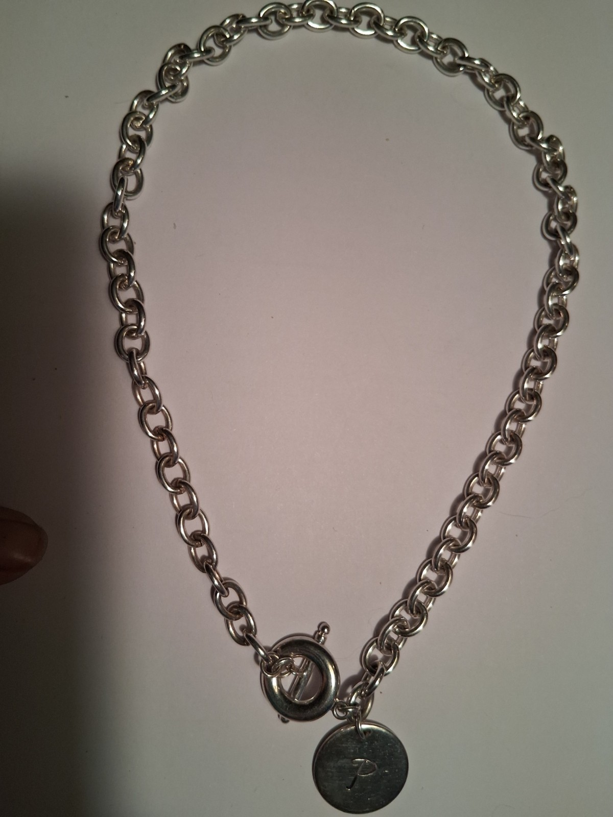 925 Sterling Silver Rolo Chain Choker 19in Toggle Engraved Letter P Charm