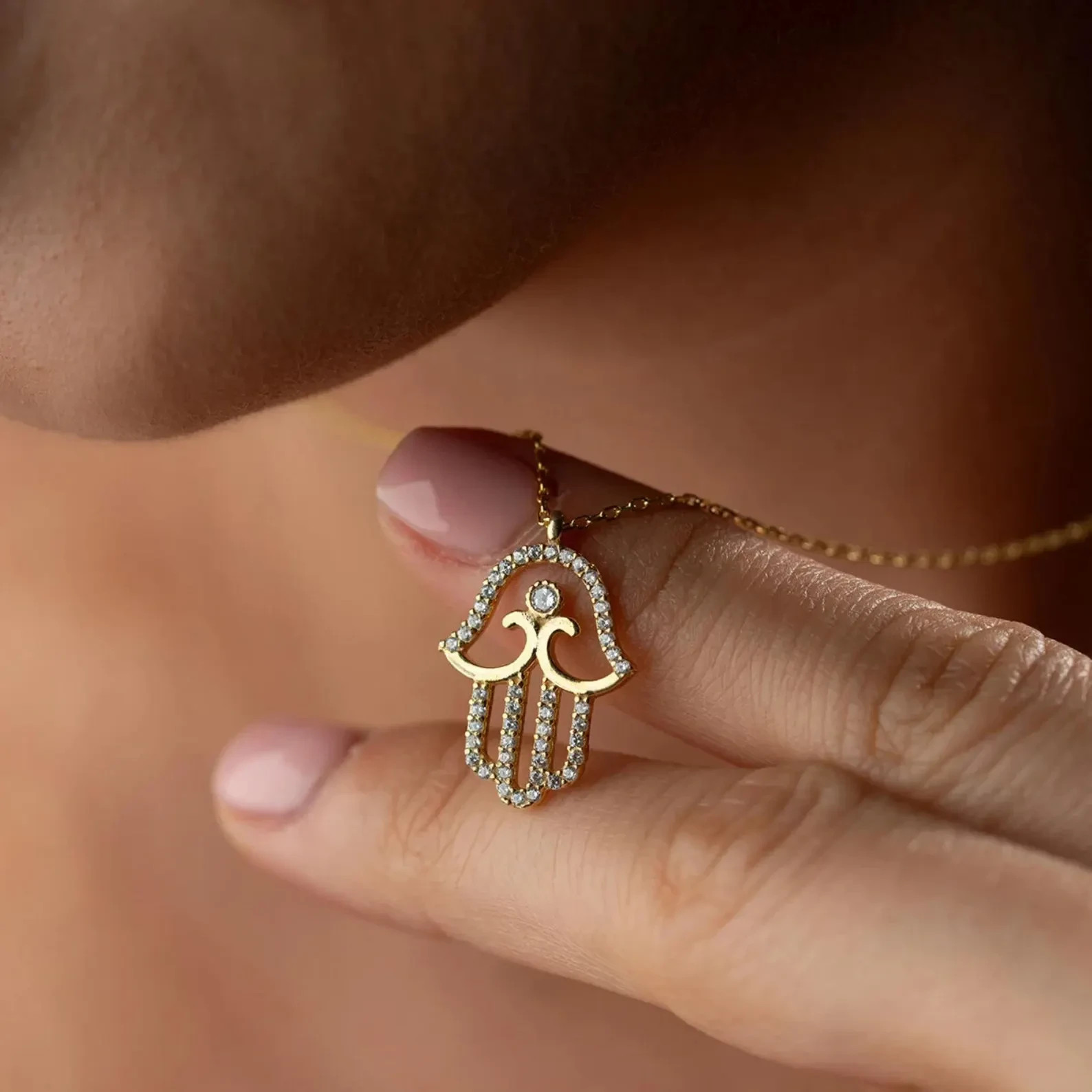 0.40 Ct Round Moissanite Hamsa Religious Womens Necklace 14K Yellow Gold Plated