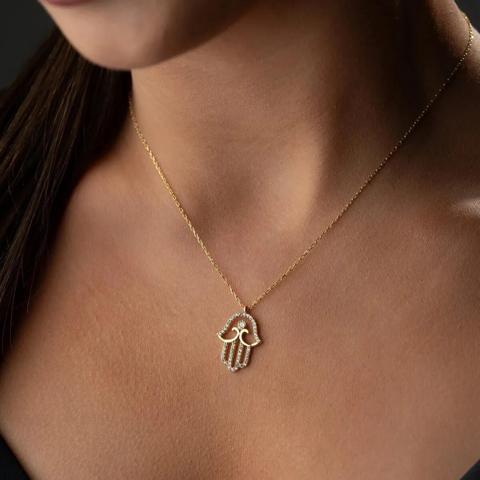 0.40 Ct Round Moissanite Hamsa Religious Womens Necklace 14K Yellow Gold Plated