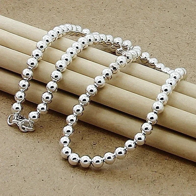 925 Sterling Silver Women 6mm Smooth Beads Ball Chain Necklace Jewelry Gift