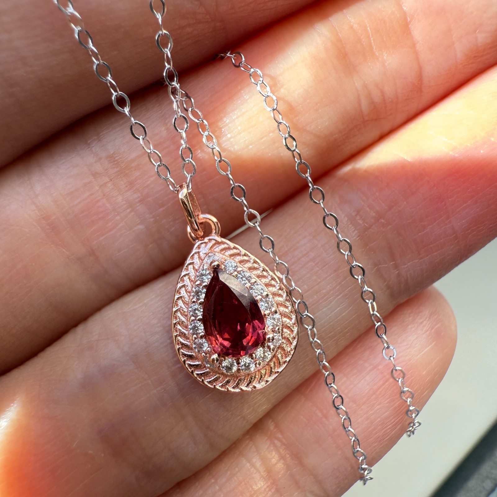 925 Sterling Silver Necklace 6x4mm Natural Garnet Gemstone Zircon Handmade Chain