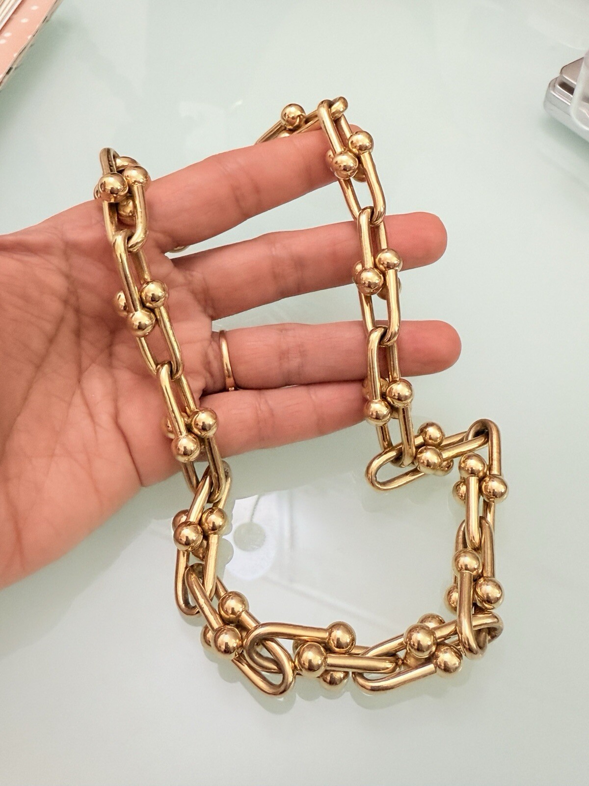 18K Pure Gold Large Horseshoe Chunky Link Chain Necklace Unisex USA
