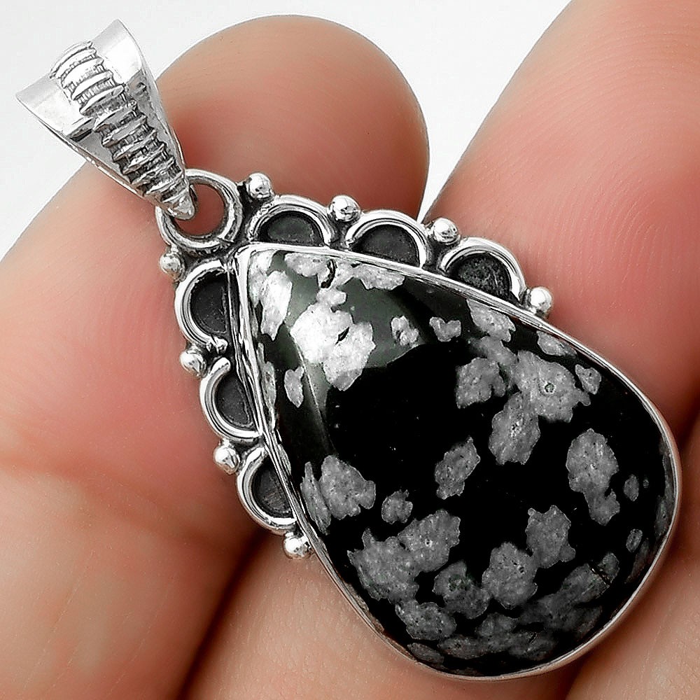 Natural Snow Flake Obsidian 925 Sterling Silver Pendant Jewelry P-1085