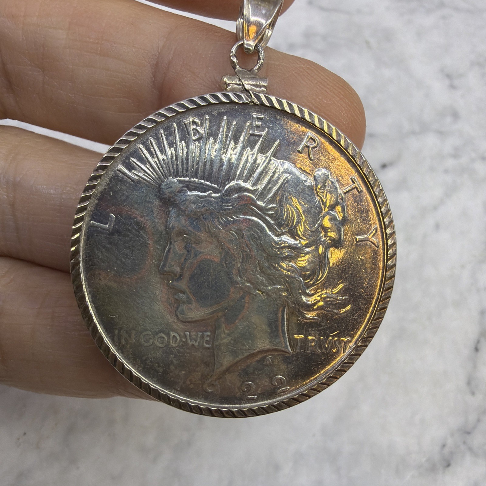 Peace Dollar Pendant 90% Silver AU Coin Sterling Silver Rope Bezel Soldered Bail