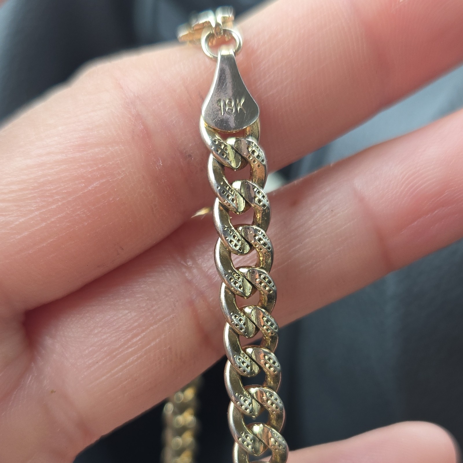 18K Yellow Gold Cuban Link Chain Necklace Engraved Rectangle Bar Pendant