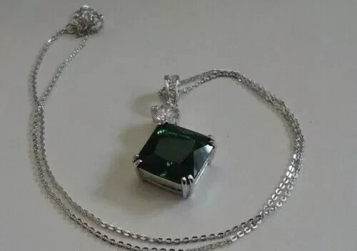 3Ct Lab Created Cushion Fantastic Green Diamond Women Pendant 14K White Chain