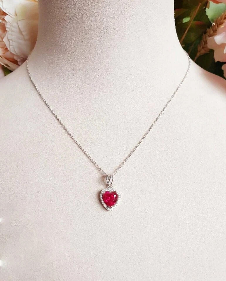 3CT Halo Pink Ruby & Diamond Heart Pendant With Free Chain 14K White Gold Finish