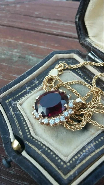 3Ct Oval Round Cut Lab Created Red Garnet Halo Pendant 14K Yellow Gold Finish