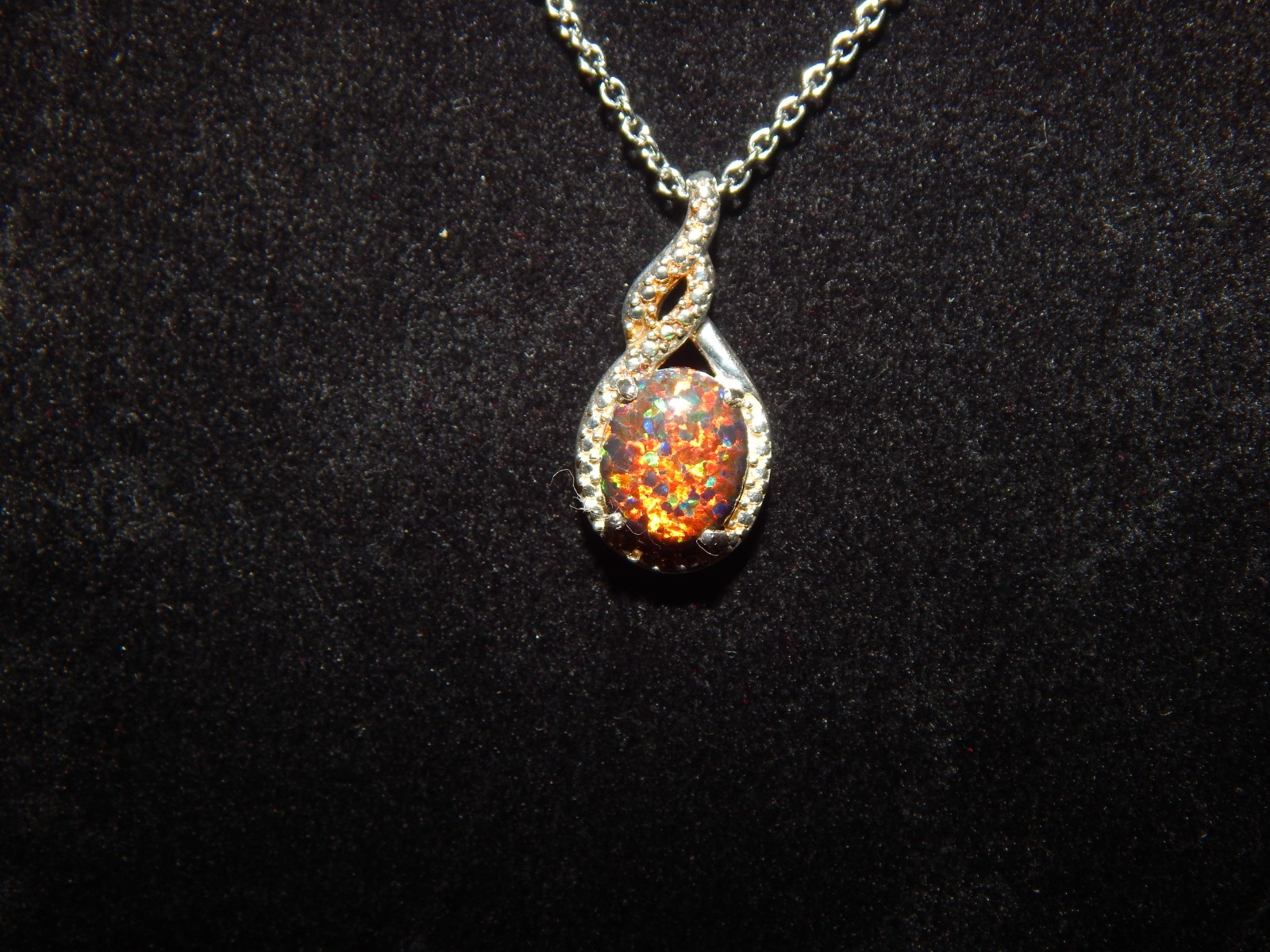 Womens lab created Opal necklace stainless steel chain (D)