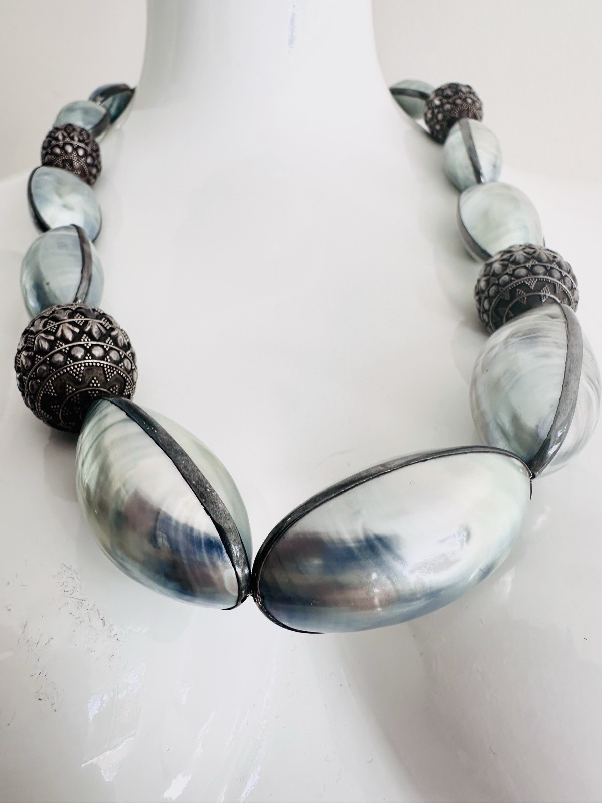 Rare Nautilus Osmena Pearl Antique 925 Silver Necklace 70cm Blue-Gray Iridescent