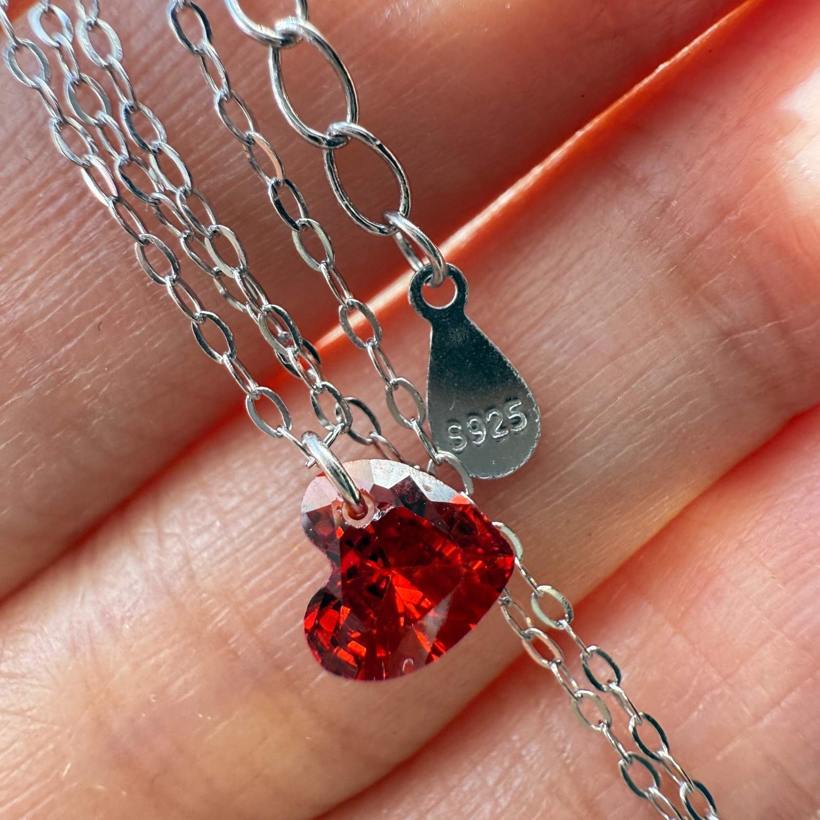 925 Sterling Silver Necklace 6mm Heart Red Natural Zircon Gemstone Chain Gift