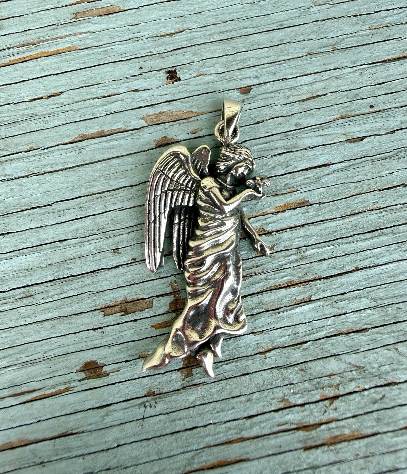 Heavy Sterling Silver 925 Guardian Angel Holding A Bird Pendant For Necklace 2”