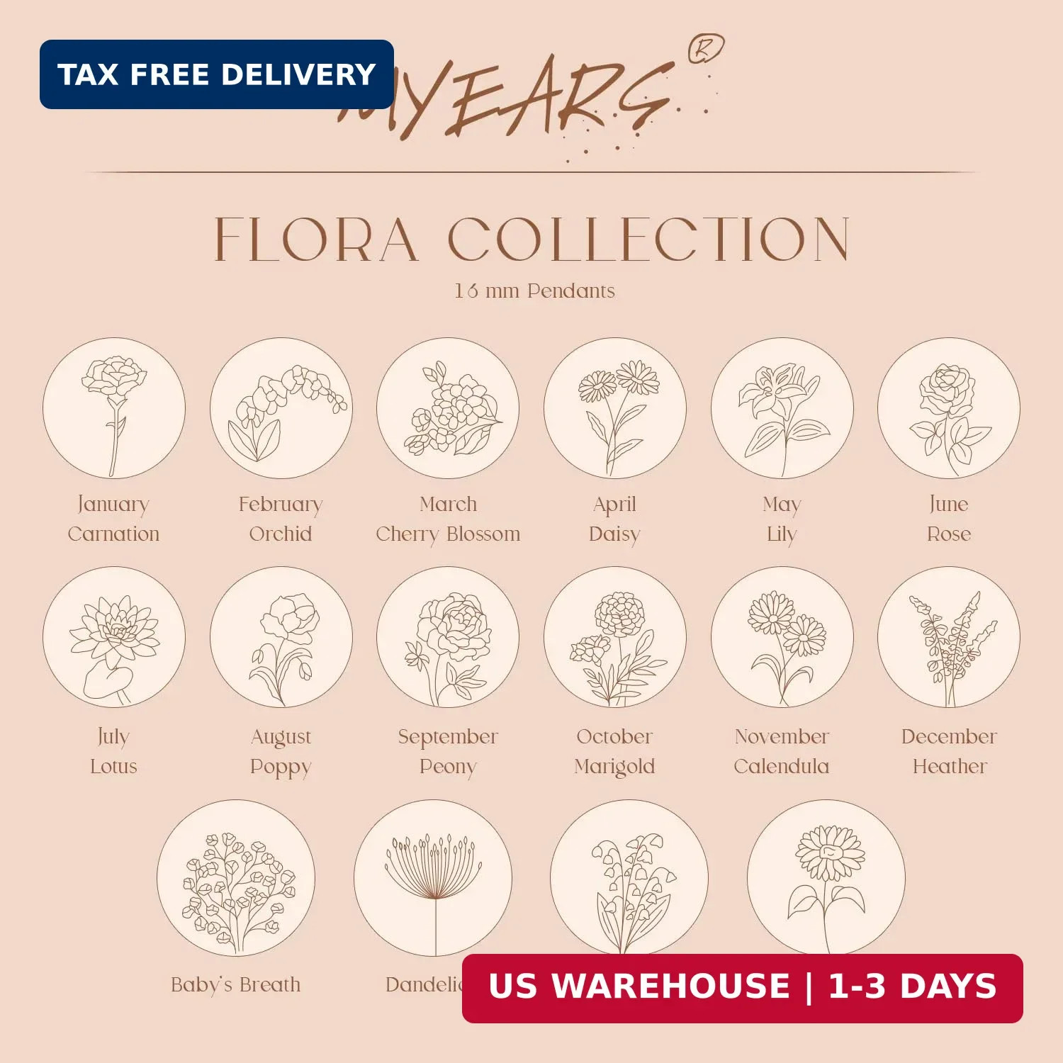 MYEARS Women Birth Flower Necklace Gold Coin Engraved Disc 12 Month Flower Bouqu