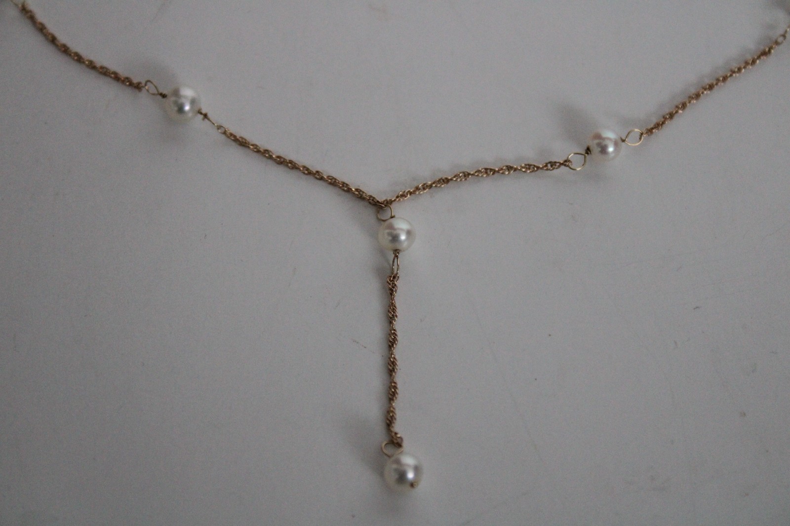 Vintage 14k Yellow Gold & Pearl Y Drop Dangle Necklace, HZ (16.25″)