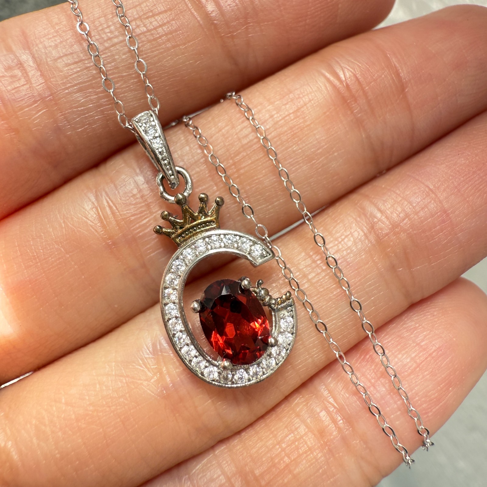 925 Sterling Silver Necklace 7x5mm Natural Garnet Zircon Crown Handmade Chain