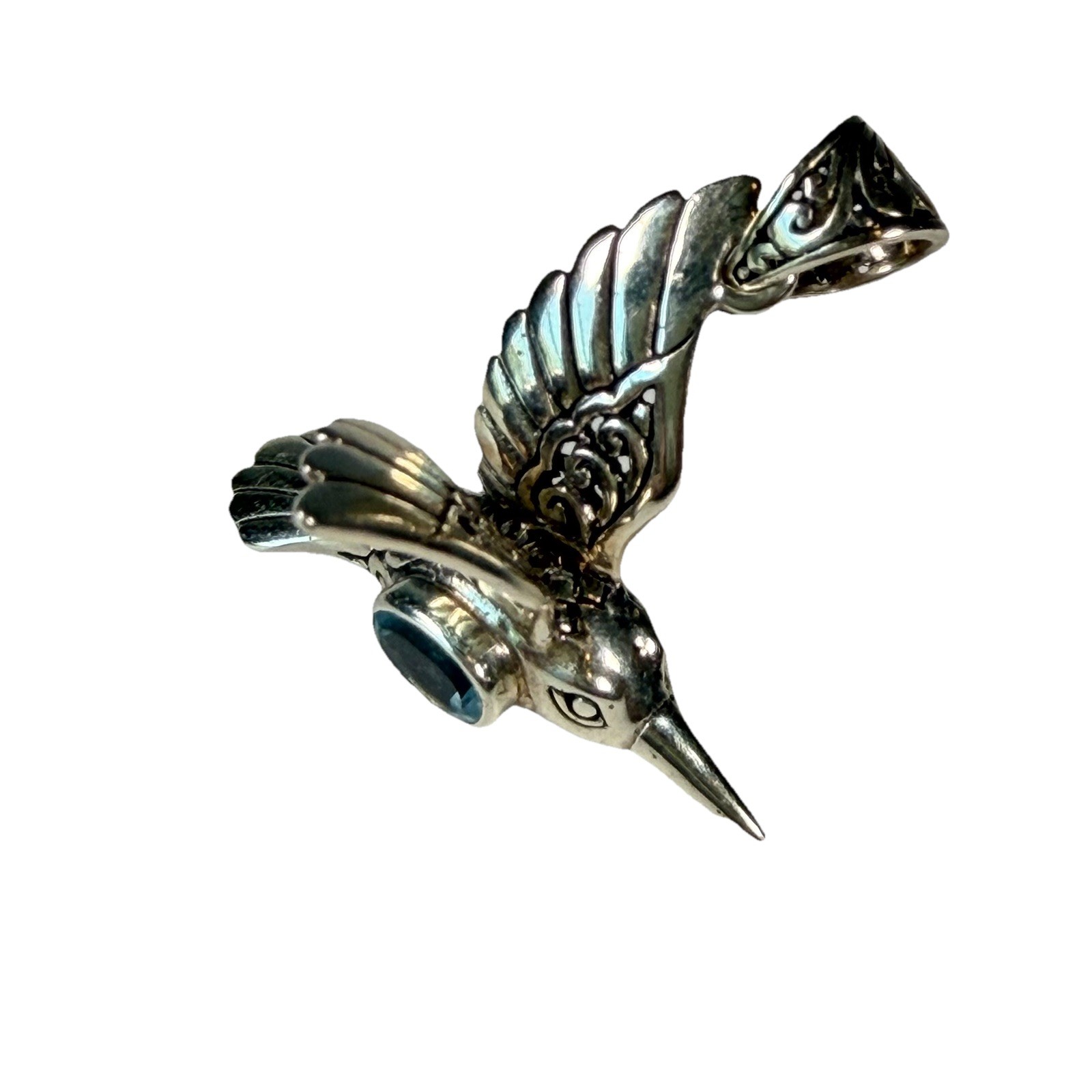 ATI Sterling Silver 925 Blue Topaz Hummingbird In Flight Pendant Necklace Italy