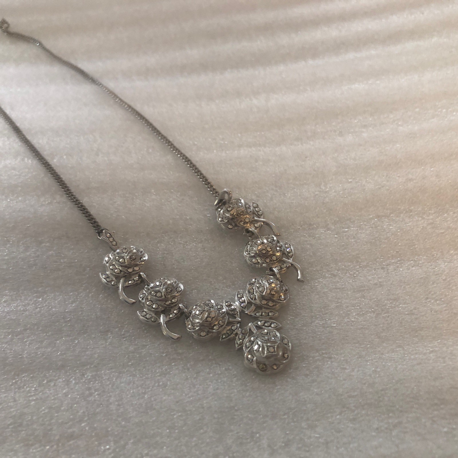 Sterling Silver Flower Necklace With Marcasite Gorgeous 17 Inches Long