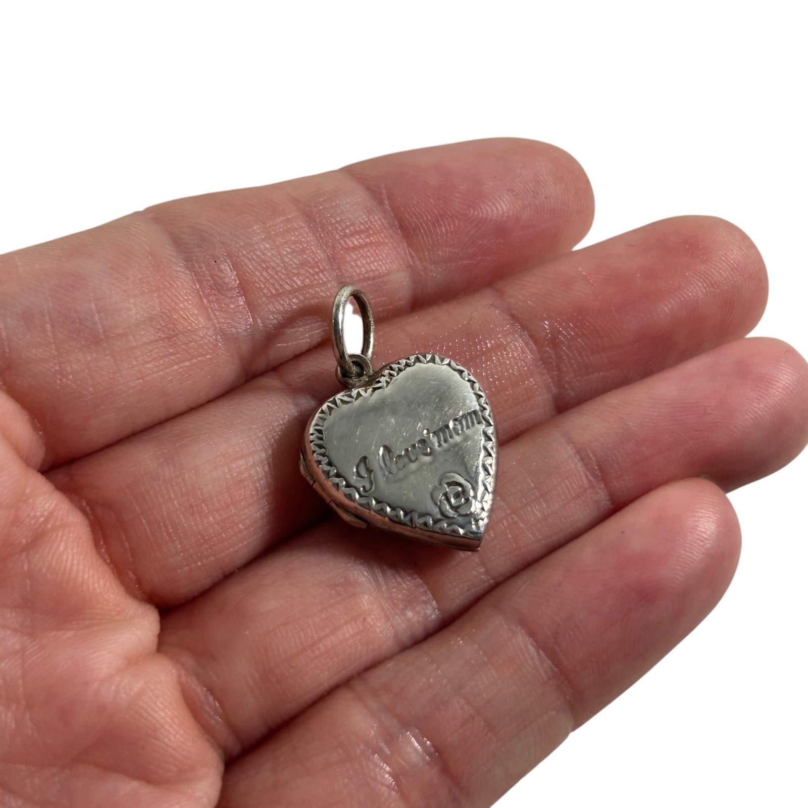 Vintage Sterling Silver 925 I Love Mom Heart Photo Locket Pendant Rose Delicate