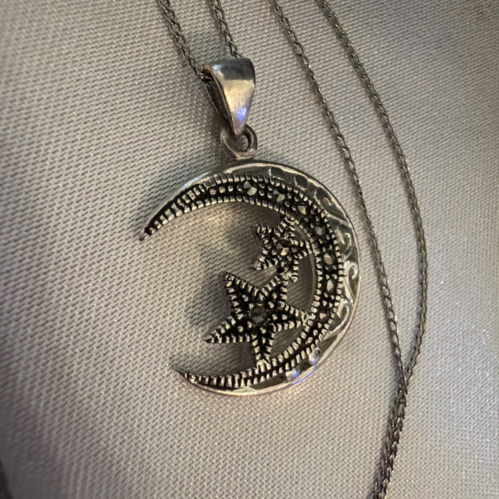 Crescent Moon & Star Marcasite Sterling Silver 925 Celestial Necklace Pendant