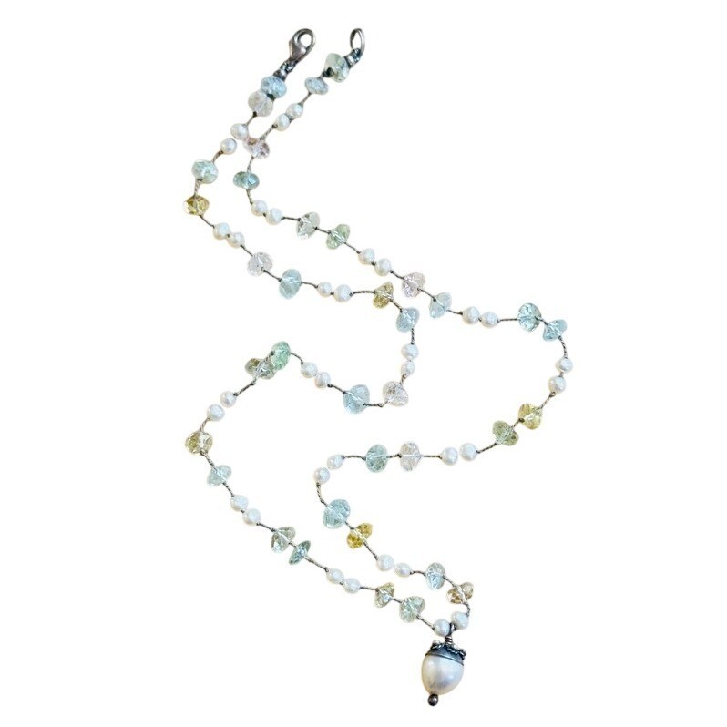 VTG Freshwater Pearl Beaded Choker AquaMarine 90s Necklace Sterling SIlver 925