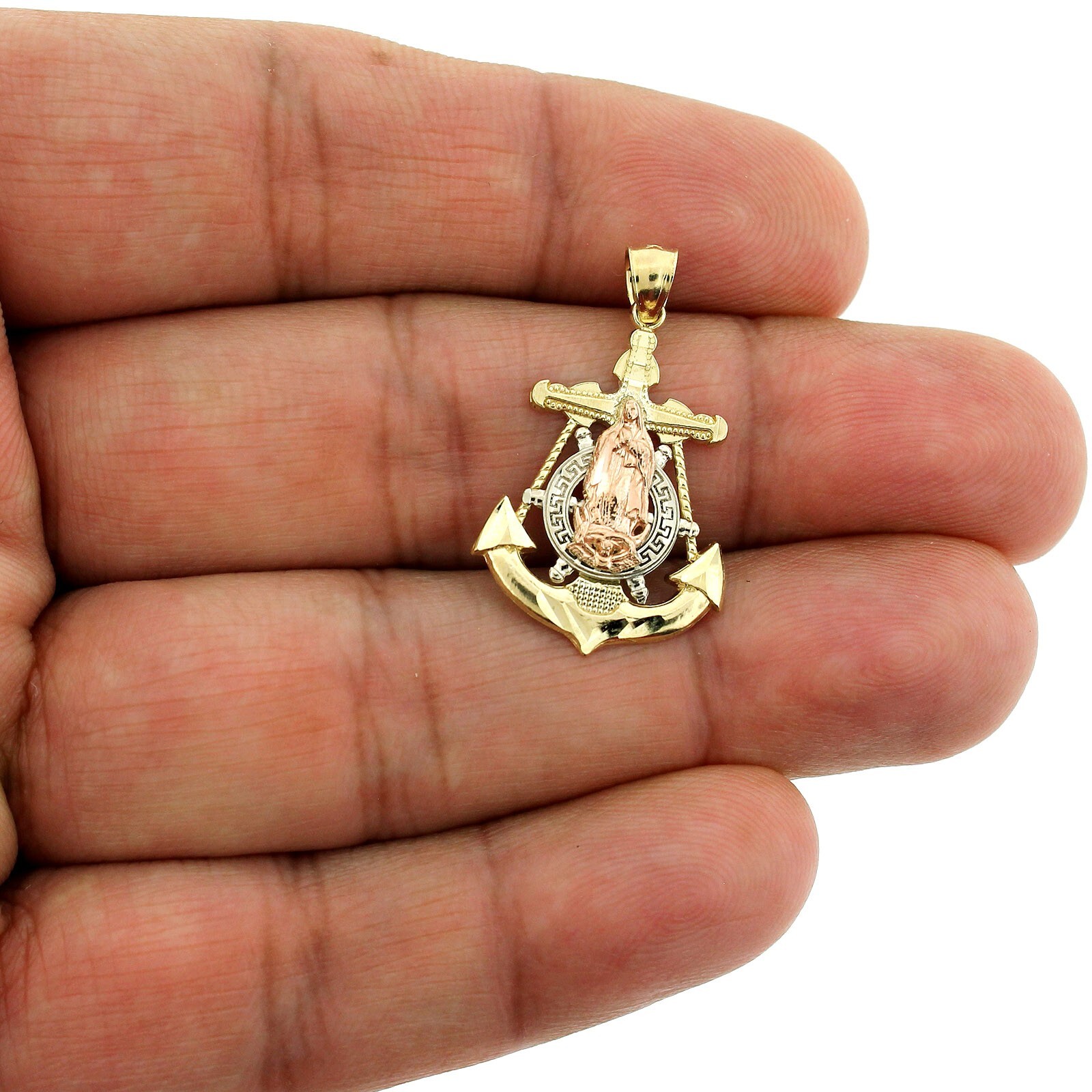 Real 10K Yellow White Rose Gold Diamond Cut Virgin Mary Anchor Cross Pendant