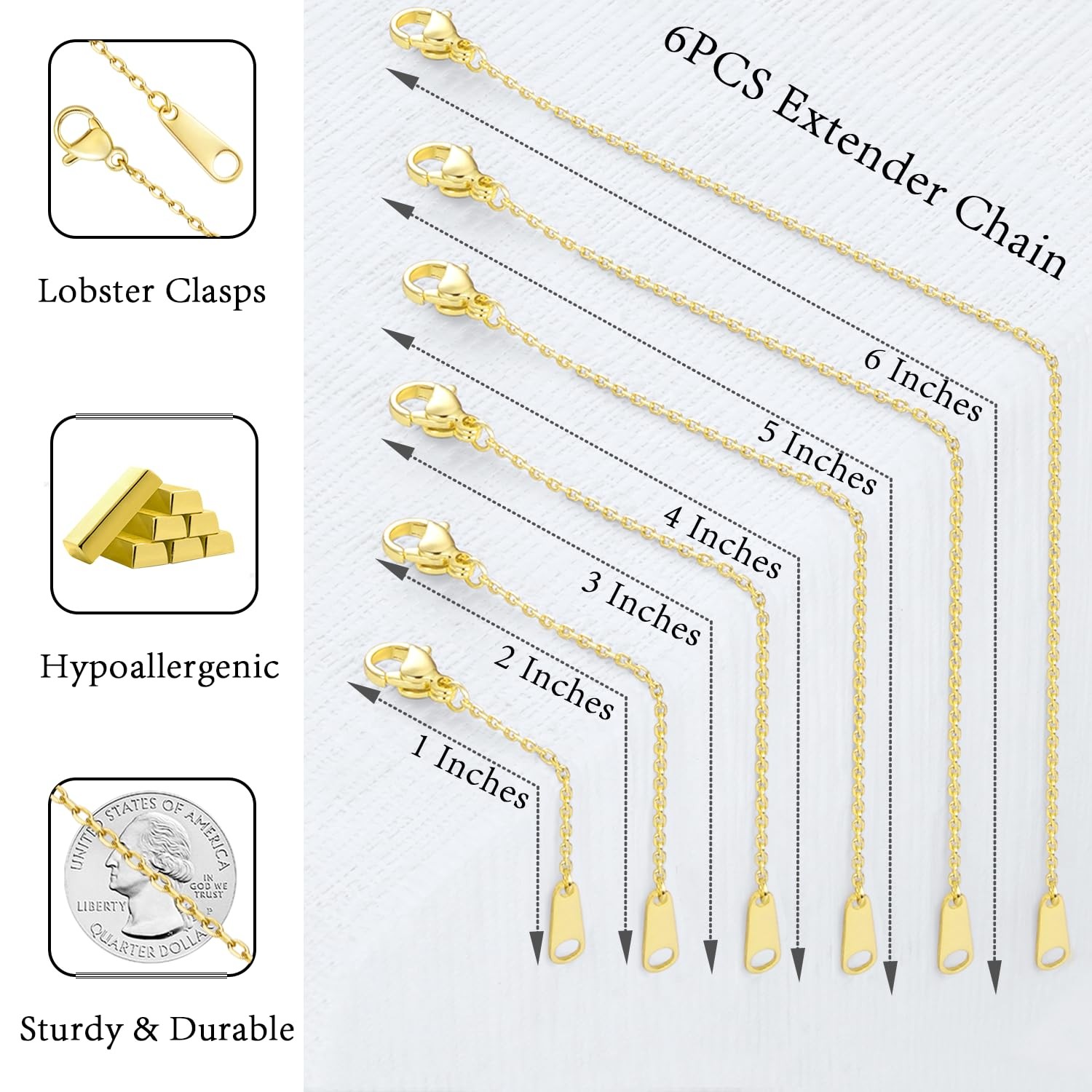 18K 14K Gold Plated Necklace Extender 6 Piece Set 1 2 3 4 5 6 Inch for Jewelry