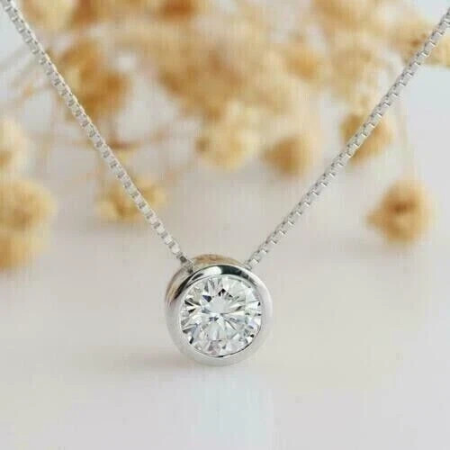 1Ct Round Cut Lab-Created Solitaire Diamond Bezel Pendant 14k White Gold Plated