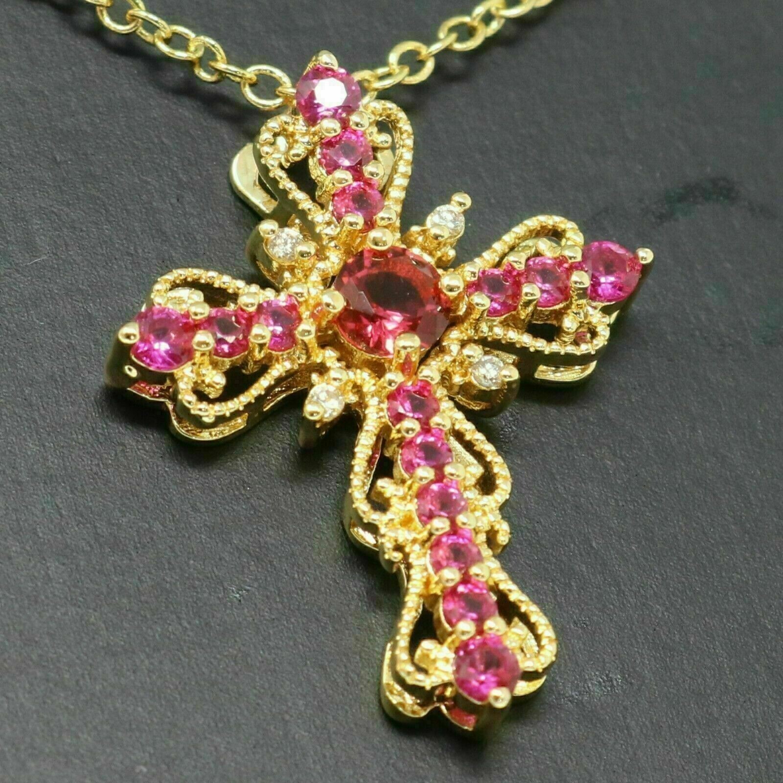 2.70Ct LabCreated Diamond Round Ruby Unique Cross Pendant 14K Yellow Gold Finish